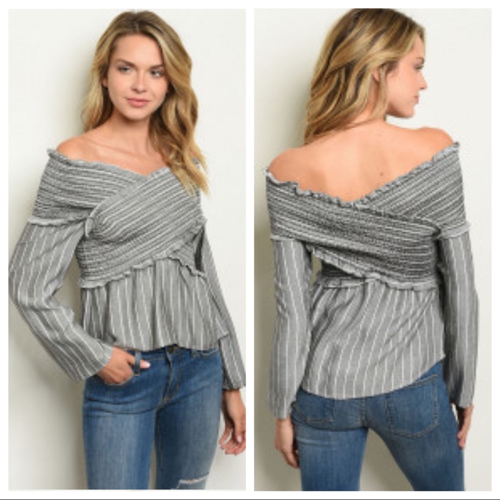 Grey & White Striped Off The Shoulder Top